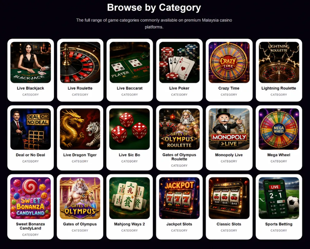 Malaysia casino game categories available on mobile and desktop